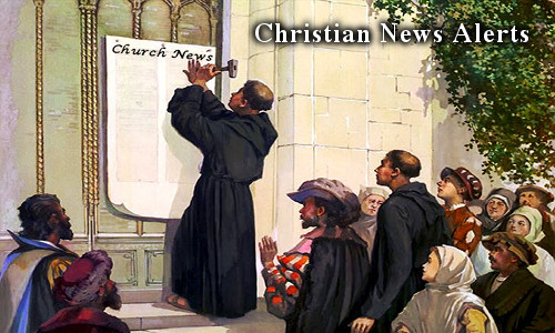 Martin Luther nailing 95 thesis document on church door