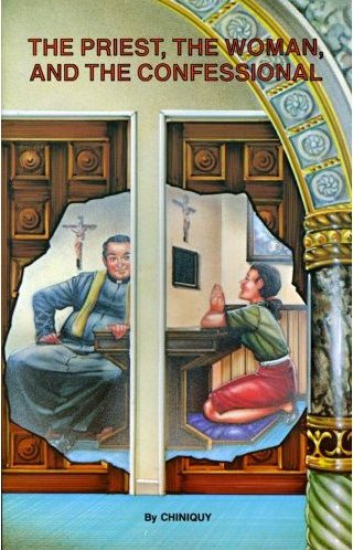 roman catholic priest and woman in confessional booth