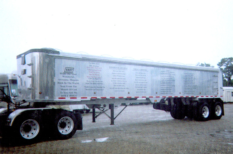 Evangelistic truck driver tractor trailer with Bible verses