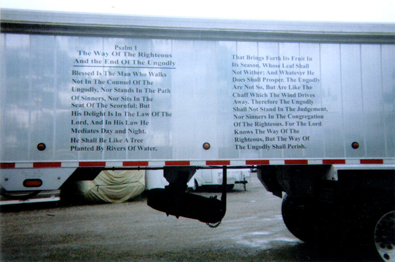 Evangelistic truck driver tractor trailer side with more Bible verses
