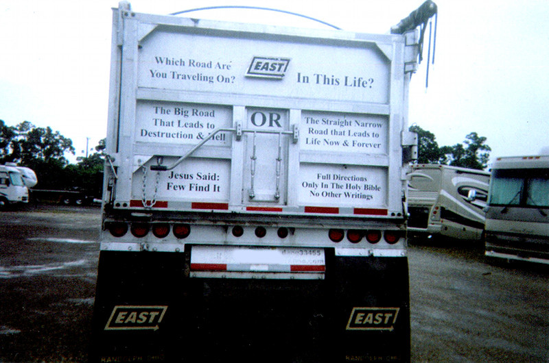 Evangelistic truck driver tractor trailer back end with Bible verses