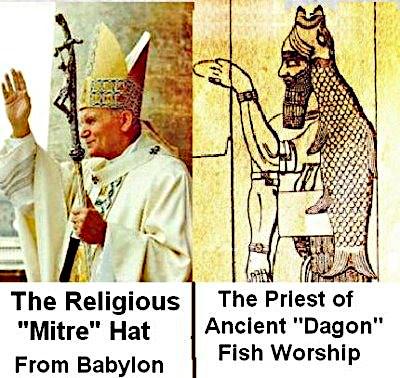 Catholic popes mitre pagan priest of dagon fish head hat